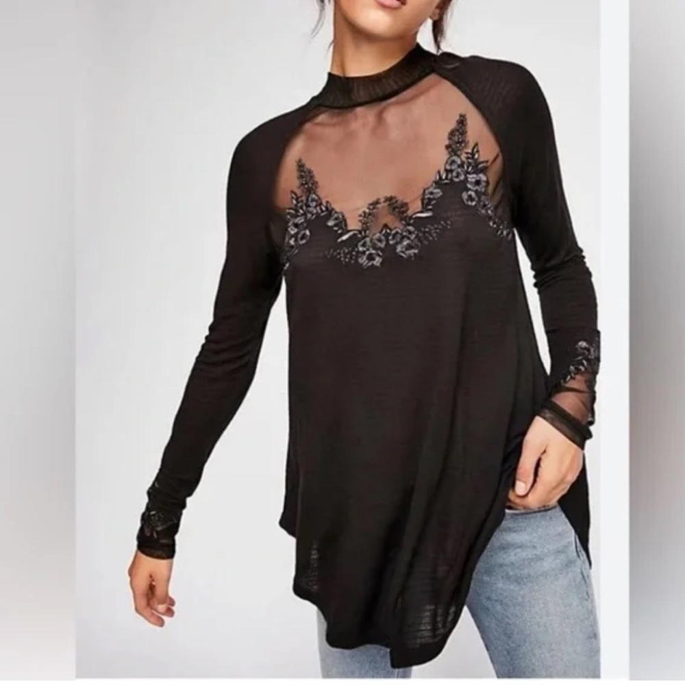 Free People Saheli Black Embroidered Mesh Gothic Tunic Top XS